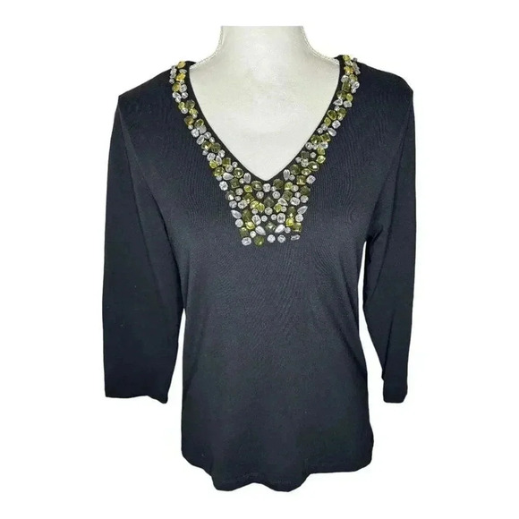 Ruby‎ Rd. Women’s Small Black Jewel Embellished V-Neck Top - Picture 1 of 7